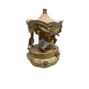 Beautiful Merry Go Round Trinket Box Pink Gold Tone W/Rhinestone Enamel Metal 3”
